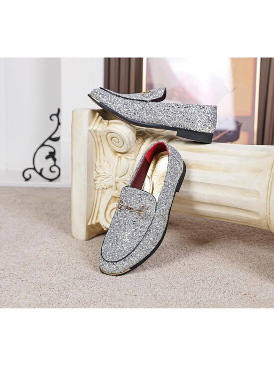 Men\'s Silver Rubber Velvet Leather Glitter With Gold Buckle Loafer Slip On Shoes main image 6